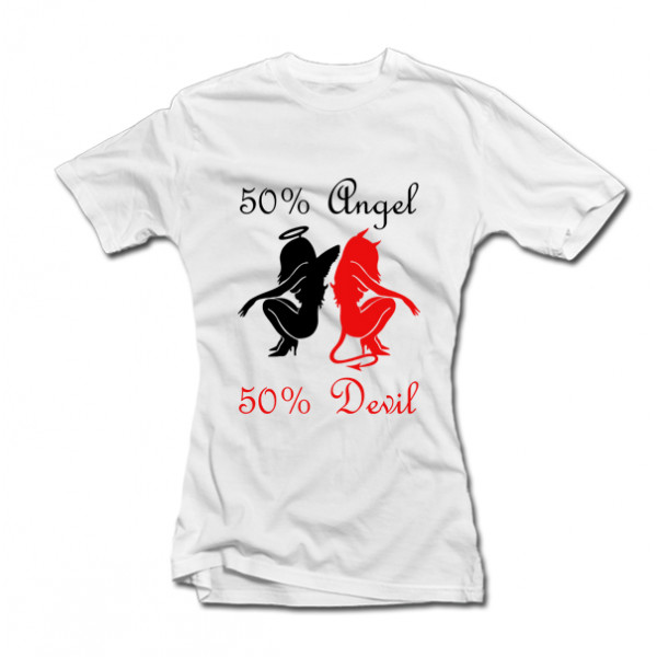 Sieviešu T-krekls "50% eņģelis, 50% velniņš".