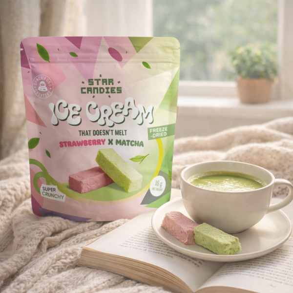 STAR CANDIES liofilizēts Matcha un zemeņu garšas saldējums, 16g