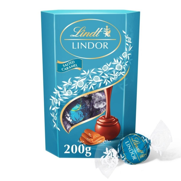 LINDT LINDOR piena šokolādes bumbiņas ar sāļo karameli, 200g