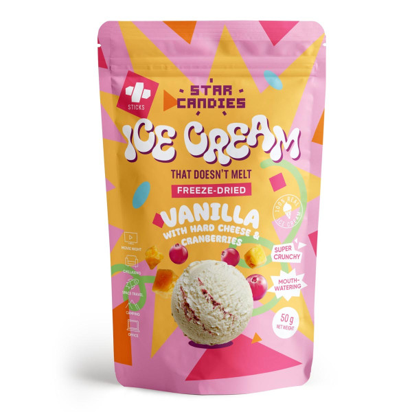 STAR CANDIES liofilizēts vaniļas saldējums ar cieto sieru un dzērvenēm, 50g STAR CANDIES liofilizēts vaniļas saldējums ar cieto sieru un dzērvenēm, 50g