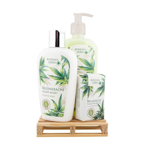 Kosmētikas dāvanu komplekts "Hemp SPA" (šķidrās ziepes 300ml + ķermeņa pieniņš 250ml + ziepes 100g)