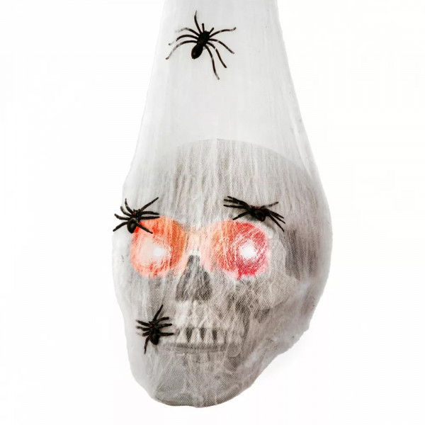 Piekarināms galvaskauss zirnekļa tīklā ar zirnekļiem (ar LED un skaņu)