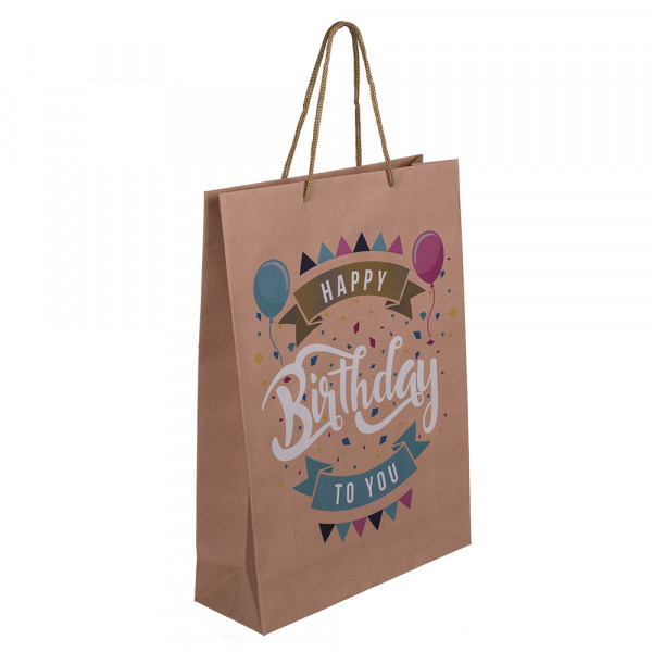 Kraftpapīra dāvanu maisiņš "Daudz laimes dzimšanas dienā" (34,5x25x8,5 cm)