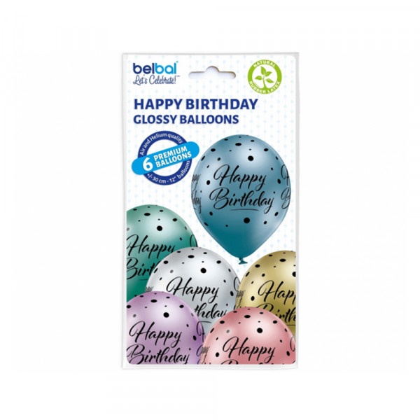 Baloni "Happy Birthday" ar punktiņiem (6 gab.)