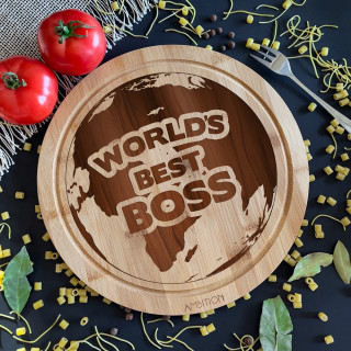 Apaļš bambusa virtuves dēlis "World's best boss"