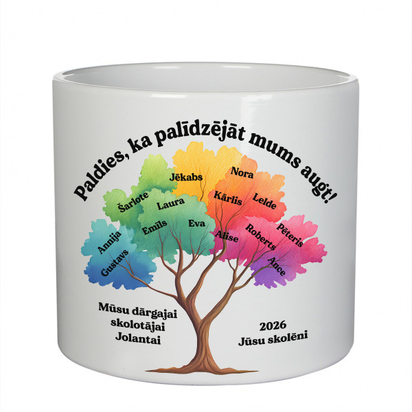 Keramikas pods "Paldies, ka palīdzējāt mums augt" ar bērnu vārdiem