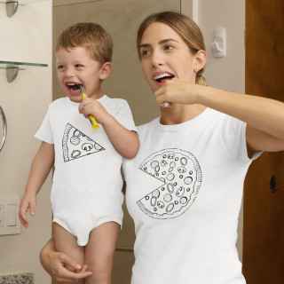 T-krekla un zīdaiņu bodija komplekts mammai un bērnam "Pizza"