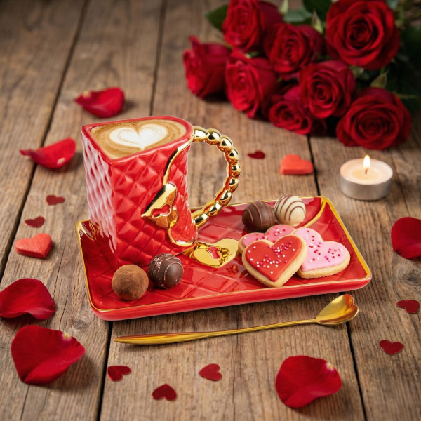 Krūze "Somiņa" ar apakštasīti un sirds formas karotīti