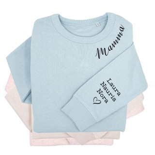 Sieviešu pasteļkrāsas Sully džemperis "Mamma" ar bērnu vārdiem uz piedurknes