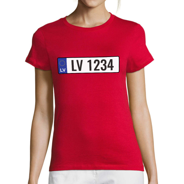 Sieviešu t-krekls "Automašīnas numurs" ar Jūsu izvēlētu mašīnas numuru