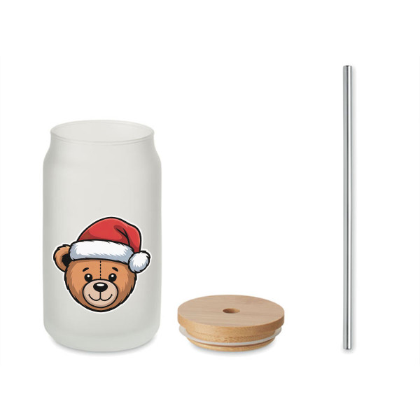 Stikla burciņa ar metāla salmiņu "Teddy bear", 400ml